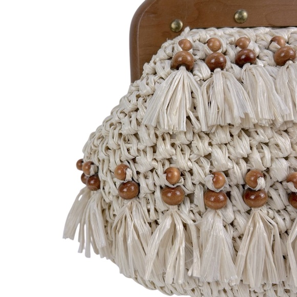 Vintage Handmade Japanese Raffia with Wooden Handle & Beaded detailing Bag Purse - Picture 9 of 10